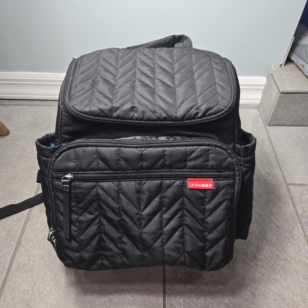 Skip Hop Forma Quilted Diaper Backpack Bag - Black Zipper Pockets Teal Lining